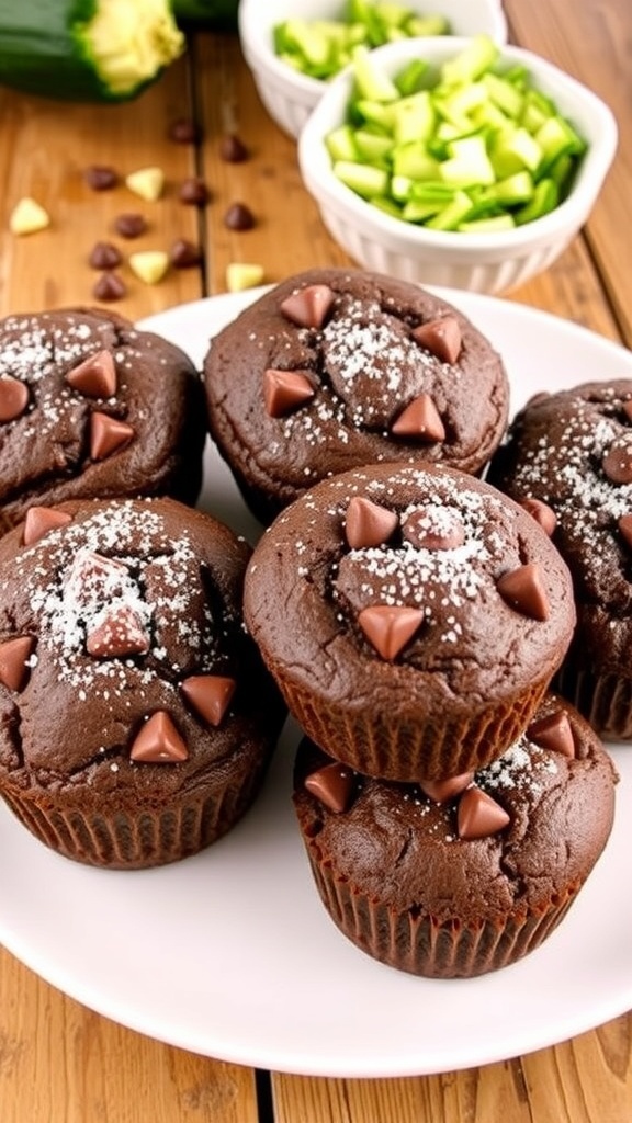 Chocolate zucchini muffins on a plate, garnished with powdered sugar, with grated zucchini in the background.